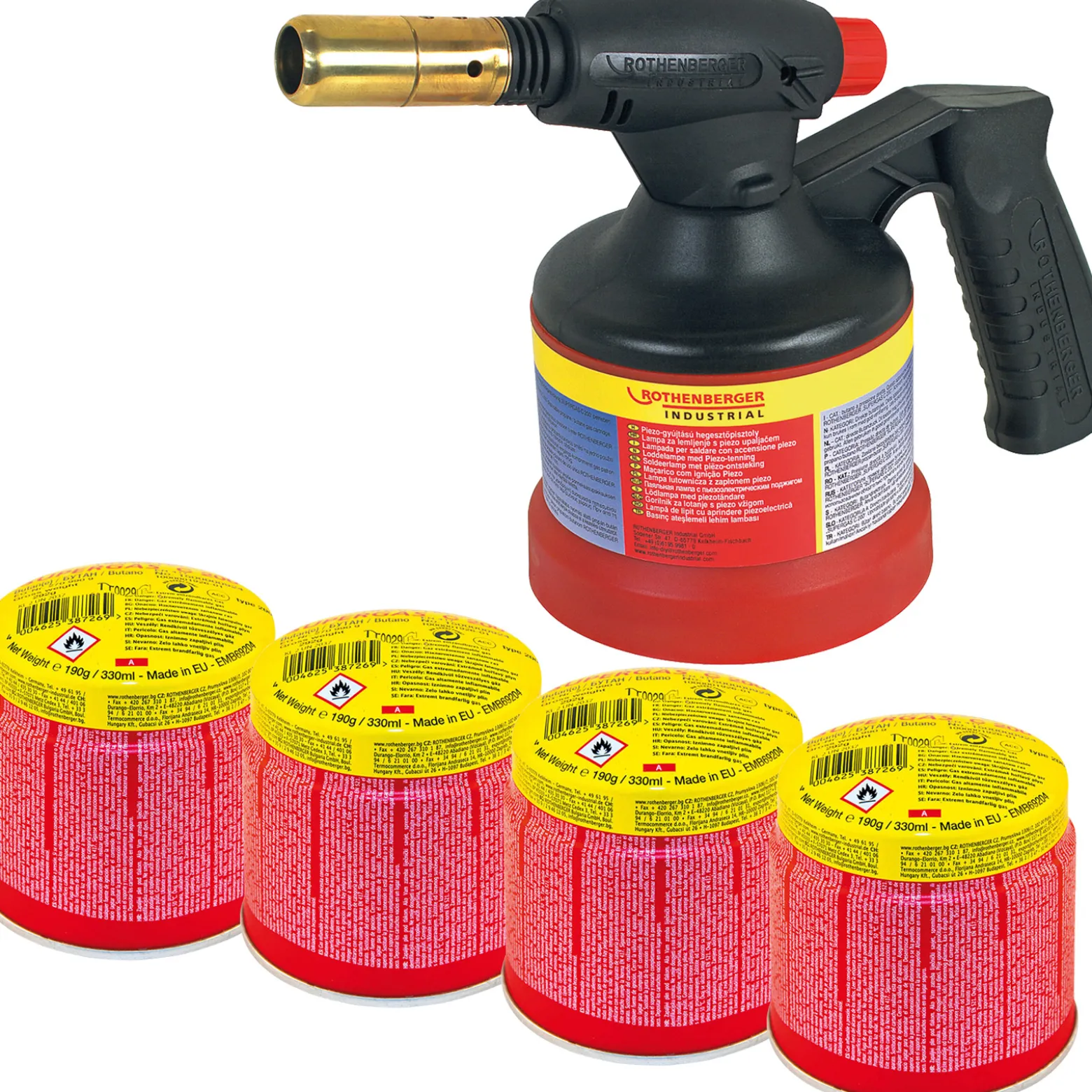 ROTHENBERGER Industrial RoFlame Premium Lötlampe Piezo 1.800 °C inkl. 4x C200 Kartusche 330 ml ILL System - 1500004104
