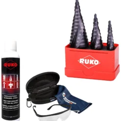 RUKO Stufenbohrer HSS-TiAlN, spiralgenutet mit Kreuzanschliff 3tlg. inkl. Spray & Schutzbrille - WZS101032F