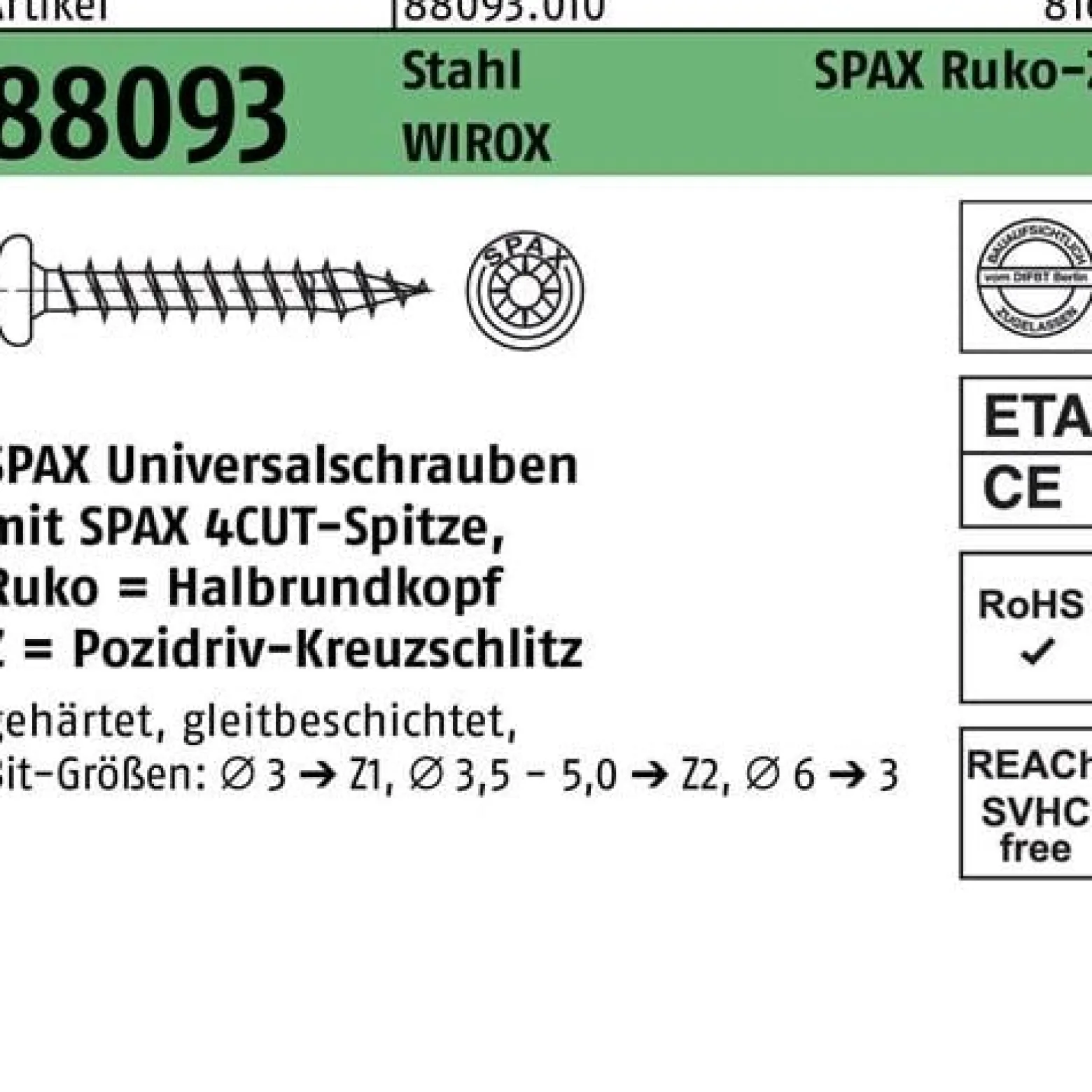 Schraube R 88093 Ruko Spitze/PZ 4,5x16/14-Z Stahl galv.verz. WIROX 1000St. SPAX