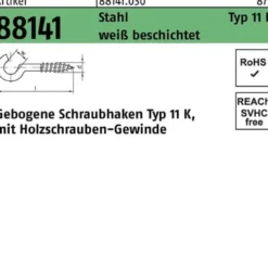 Schraubhaken R 88141 Typ 11 K gebogen 60x3,3x16 Stahl weiß beschichtet 100St.