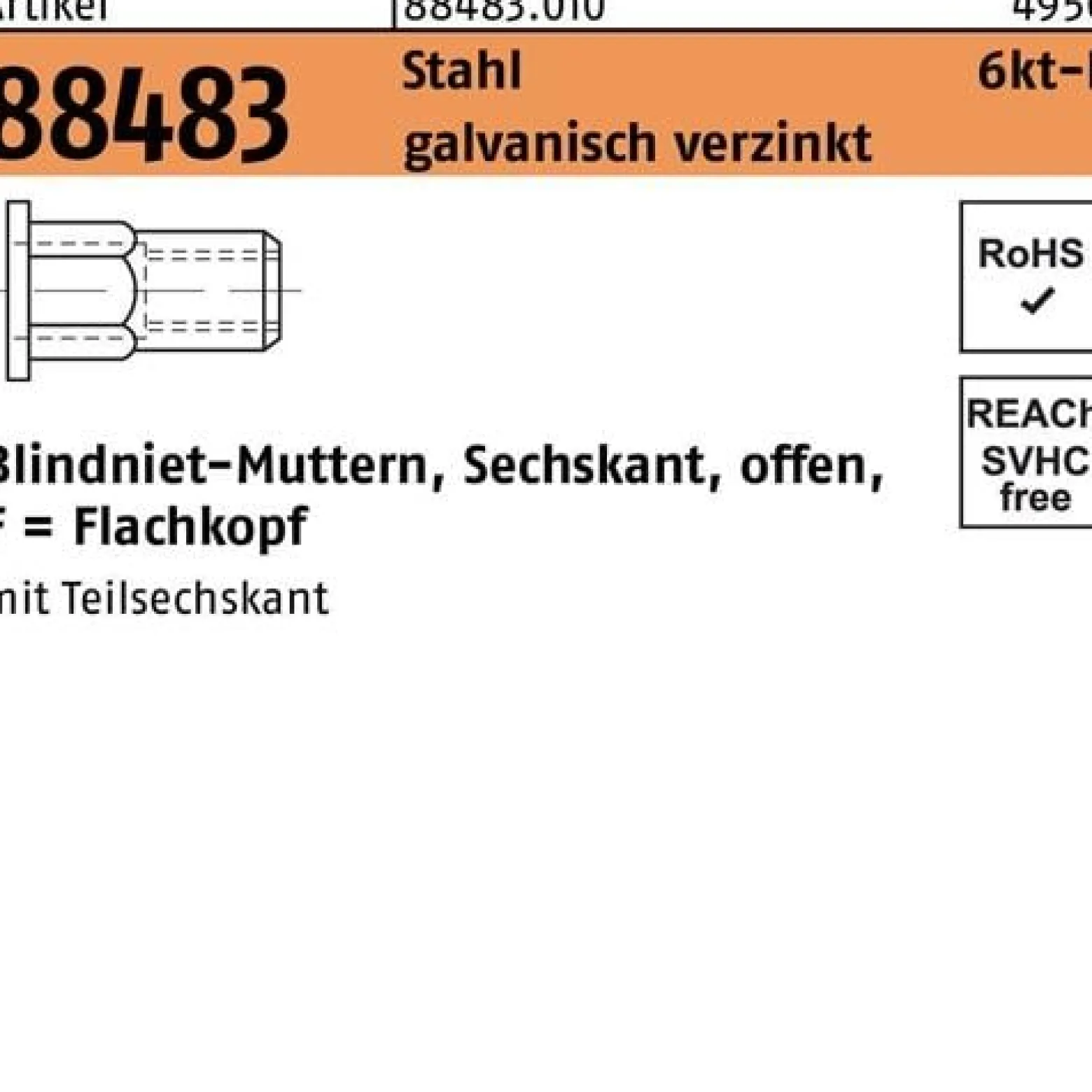 Sechskantblindnietmutter R 88483 FLAKO M6 /0,5 -3,5 Stahl galv.verz. 250St.