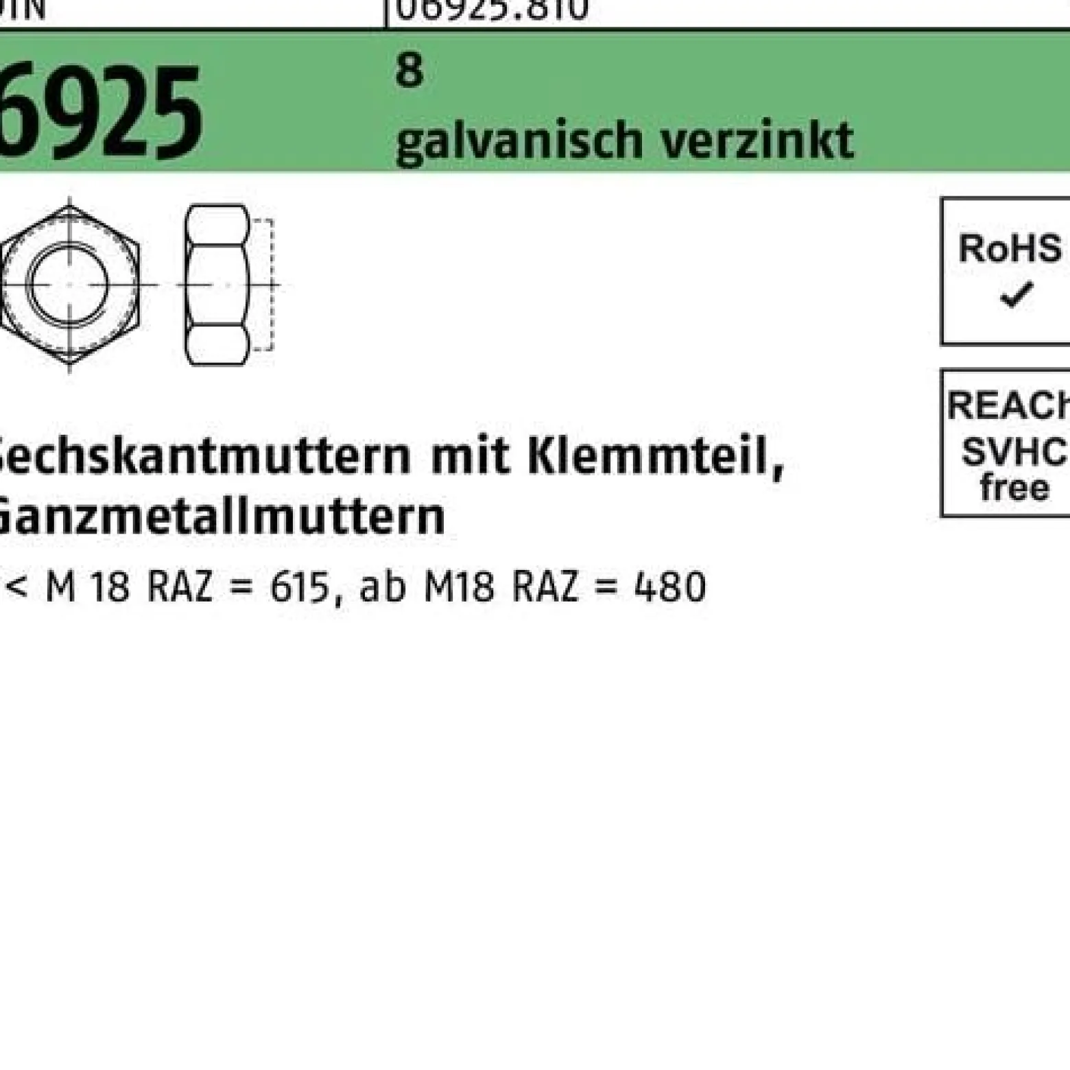 Sechskantmutter DIN 6925 Klemmteil M6 8 galv.verz. 100 Stück