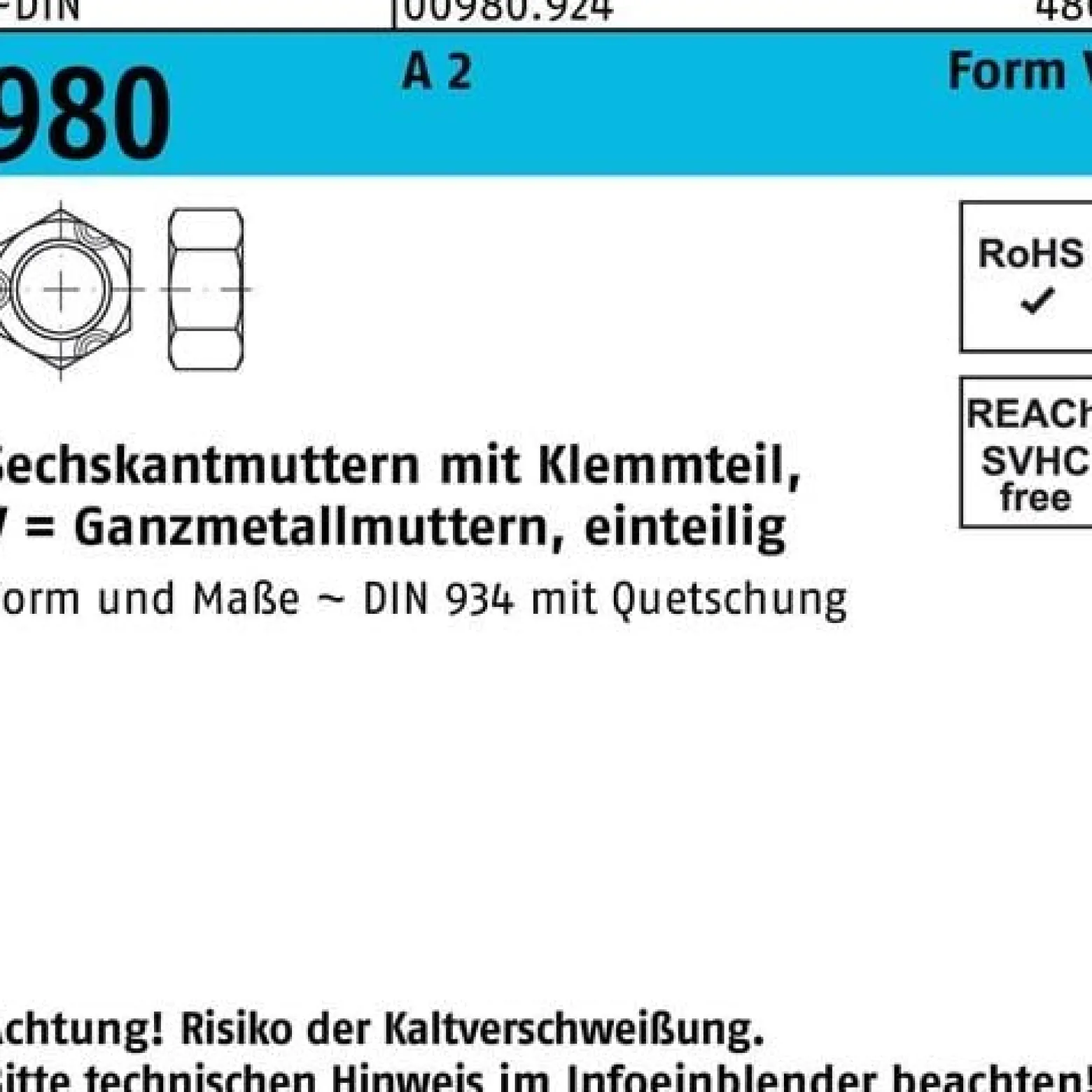 Sechskantmutter DIN 980 Klemmteil VM 20 A 2 25 Stück
