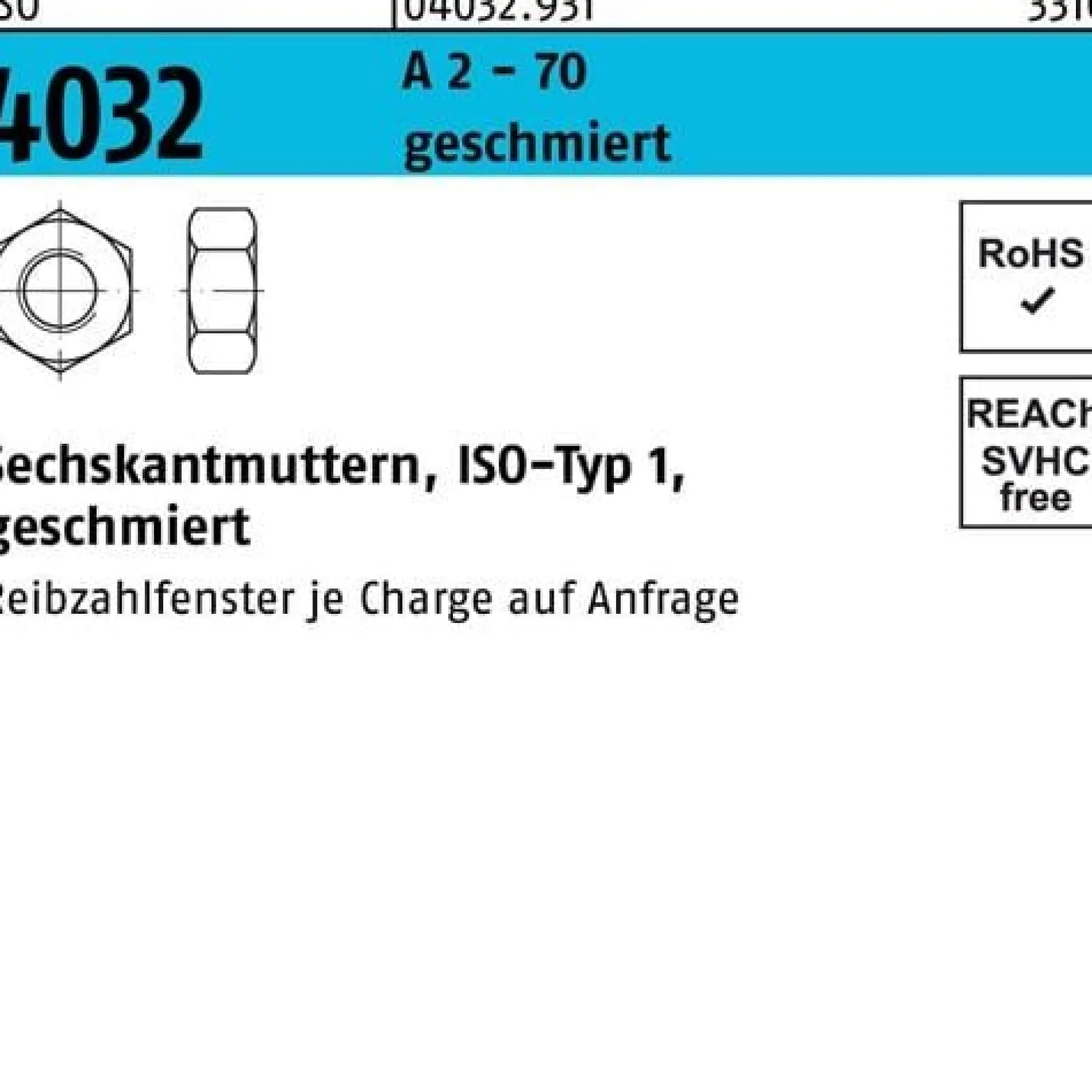 Sechskantmutter ISO 4032 M8 A 2 - 70 geschmiert 500 Stück