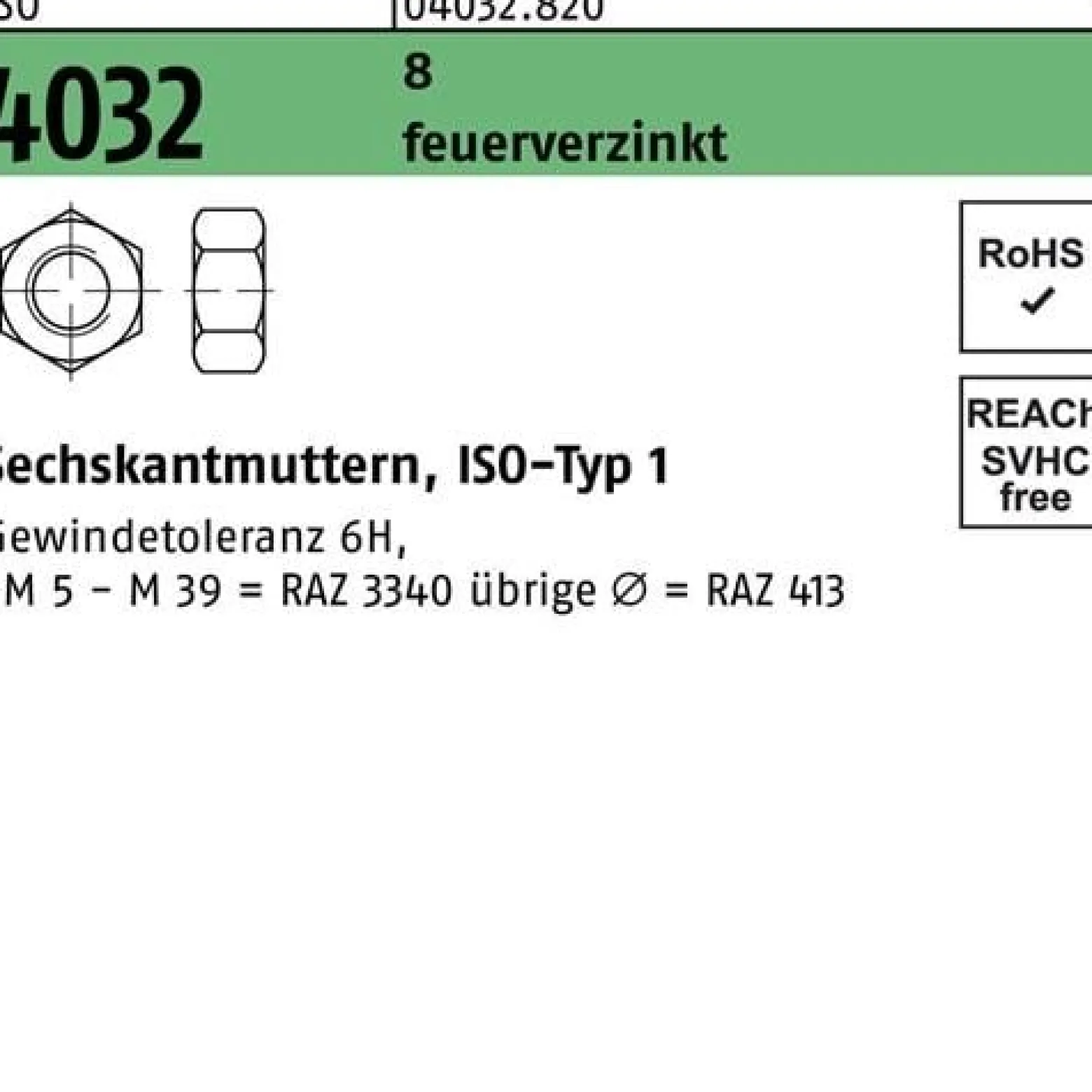Sechskantmutter ISO 4032 M22 8 feuerverz. 50 Stück