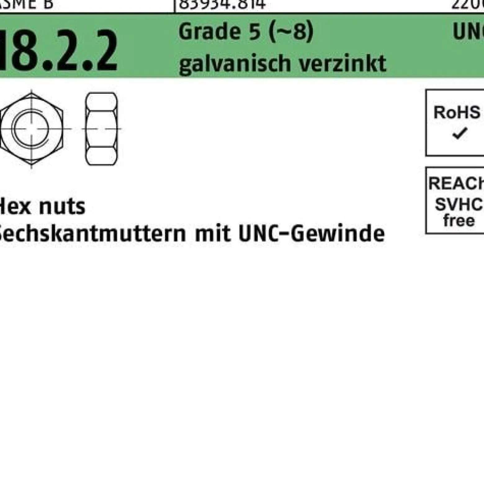 Sechskantmutter R 83934 UNC-Gewinde 1/2 Grade 5 (~8) galv.verz. 100St.