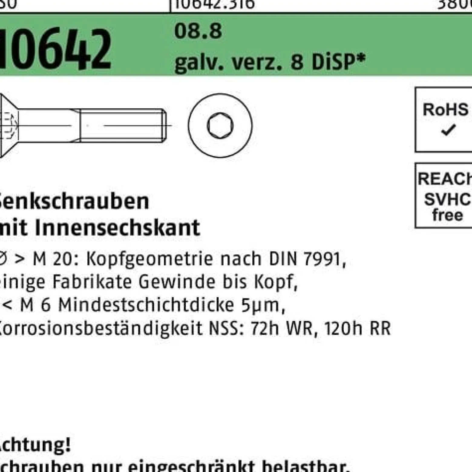 Senkschraube ISO 10642 Innen-6kt M8x12 8.8 galv.verz. 8 DiSP 200St.