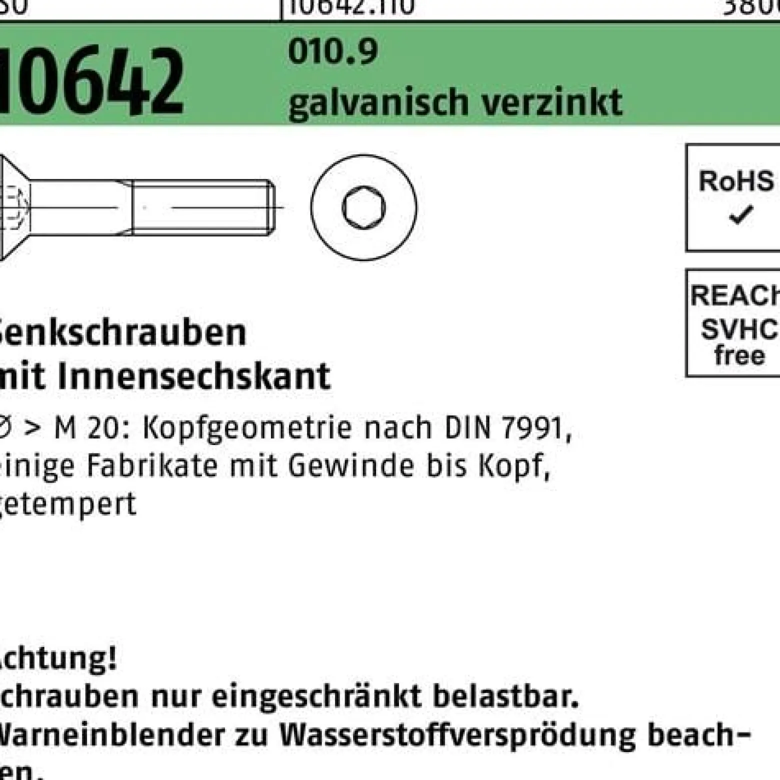 Senkschraube ISO 10642 Innen-6kt M6x 22 010.9 galv.verz. 500St.