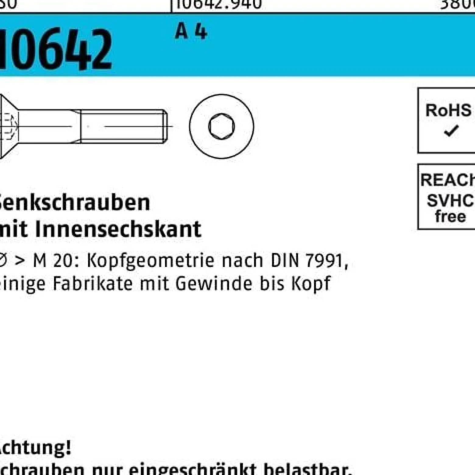 Senkschraube ISO 10642 Innensechskant M 20 x 60 A 4 25 Stück