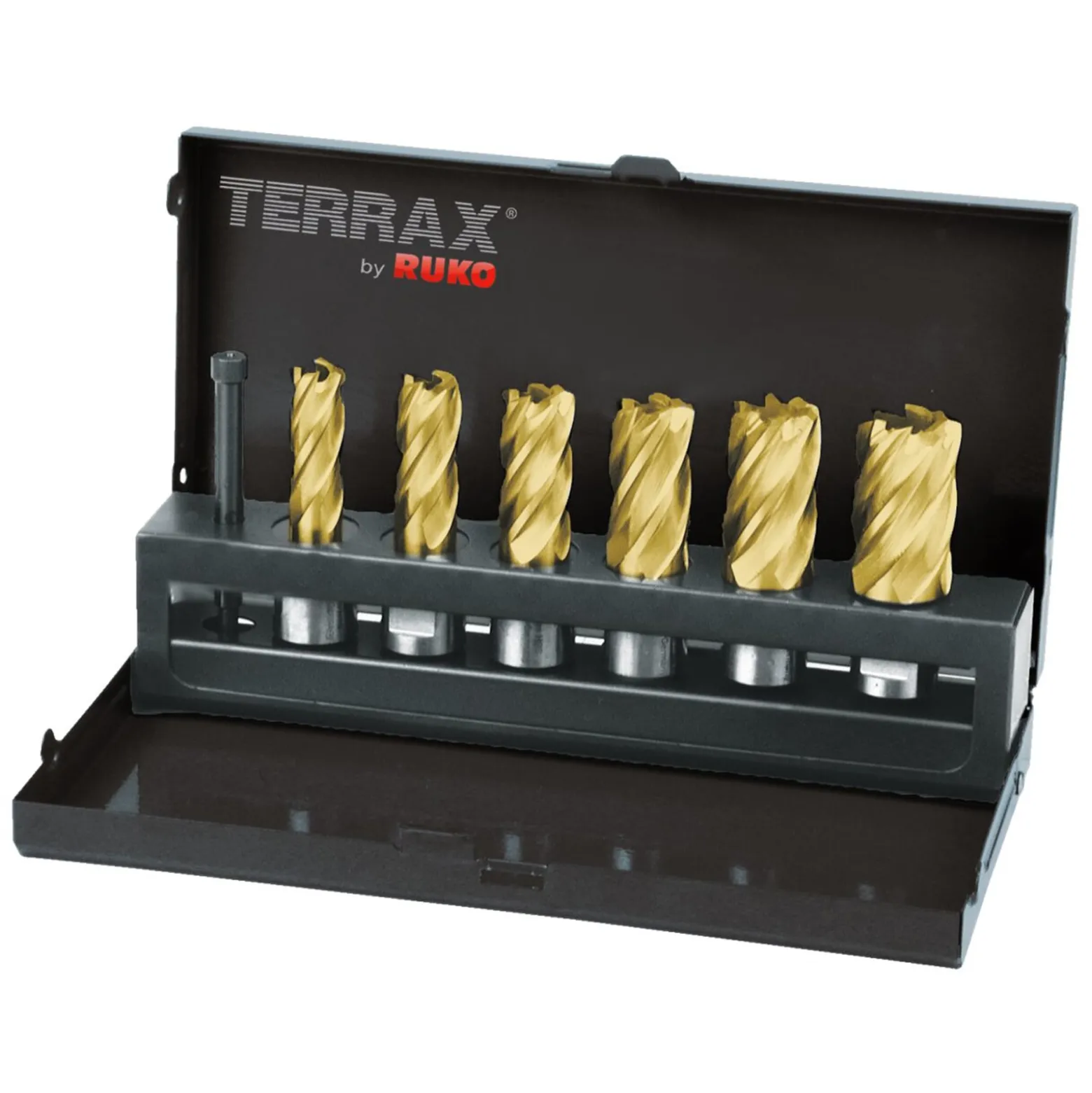 TERRAX by RUKO Kernbohrer-Satz HSS-TiN mit Weldonschaft (3/4") Schnitttiefe 30,0 mm - 7 tlg. (Kassette Stahlblech) - A108820T