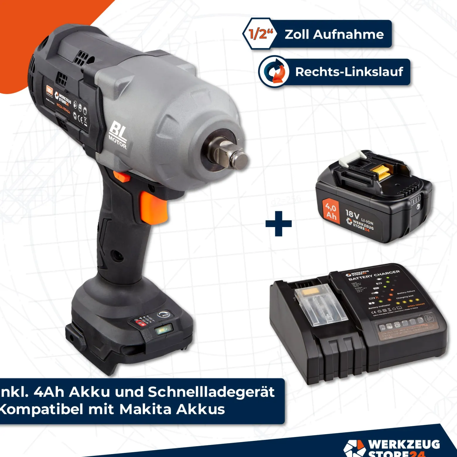 WS24 Akku-Drehschlagschrauber WDS 18 V 1/2" 1.600 NM / 1x 4,0 Ah Akku + Schnellladegerät