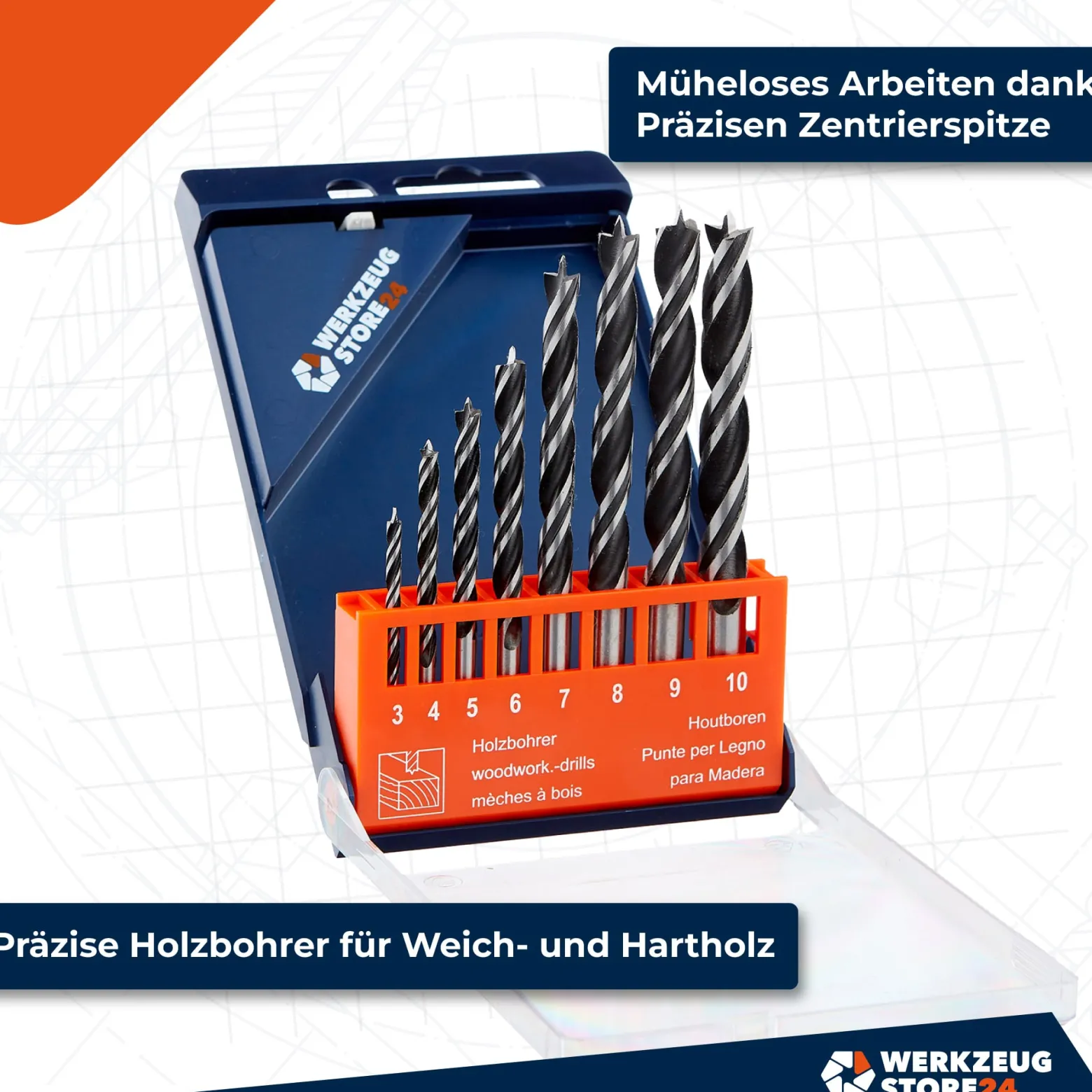 WS24 Holzbohrersatz 3 - 10 mm zylindrisch 8tlg. in Kunststoffkassette - WS24-100099