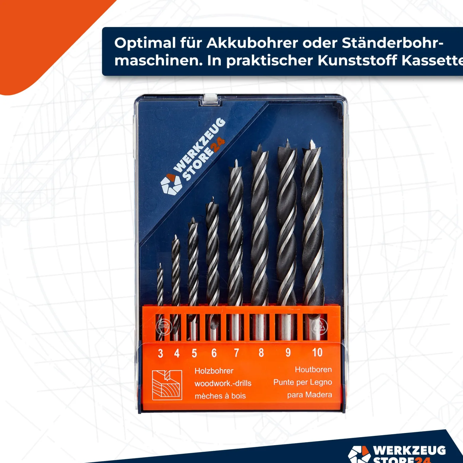WS24 Holzbohrersatz 3 - 10 mm zylindrisch 8tlg. in Kunststoffkassette - WS24-100099